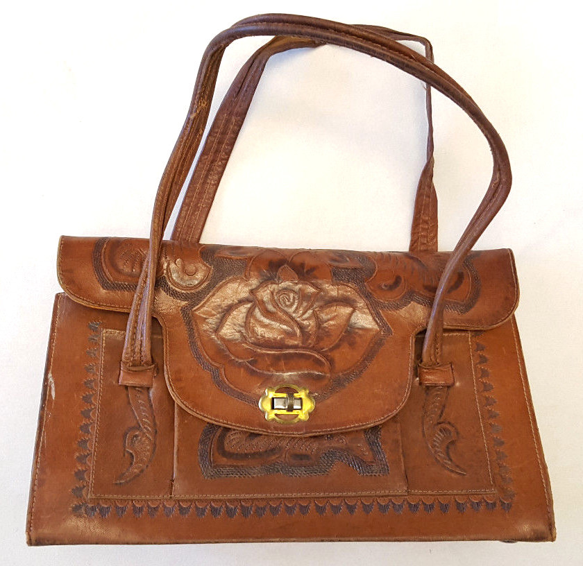 Handmade Genuine Leather Handbag Purse-Hand Tooled Floral