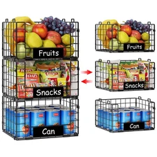 3 Pack Stackable Wire Baskets with NamePlates for Pantry Organizers and Stora...