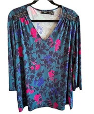 susan graver artisan xl Floral Print Top Teal Blue Back Ground