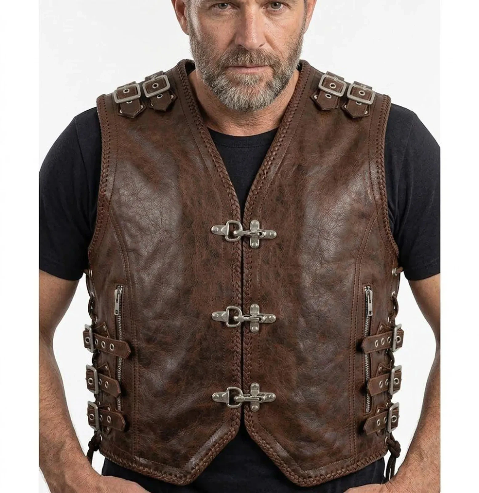 Men’s Real Brown Leather Biker Vest | Handmade Sleeveless Riding Vest