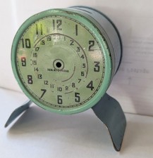 Vintage Tin Clock Money Box. Blue Green. Round. Made In England.