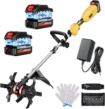 Cordless Tiller Cultivator, 21V 450RPM Electric Tiller with Battery Level Displa