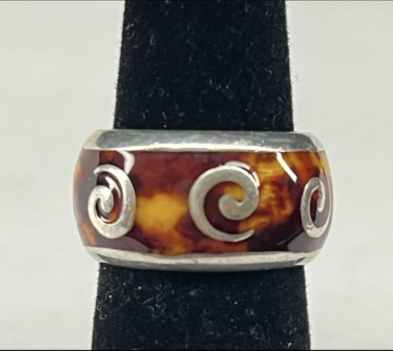 VTG Italian Sterling Silver Ring Amber Wood Organic Silver Swirls Inlay 6.5” 8g