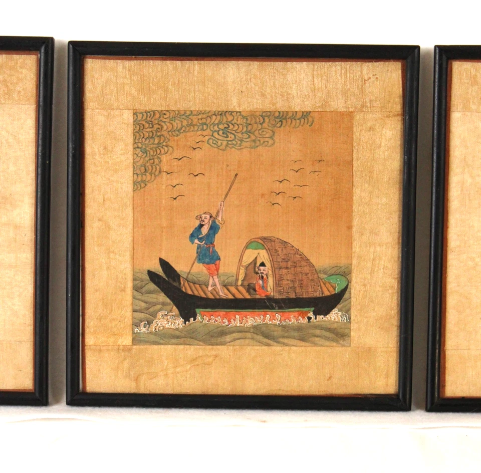 3 pinturas chinas antiguas escena de hombres y barcos en seda sin firmar enmarcado Foto 3 de 4