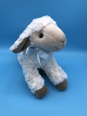 TJM Ostern weiß Baby Frühling Lamm BLAUE Schleife weiches Plüsch Schaf Bauernhof Tier Spielzeug 22CM