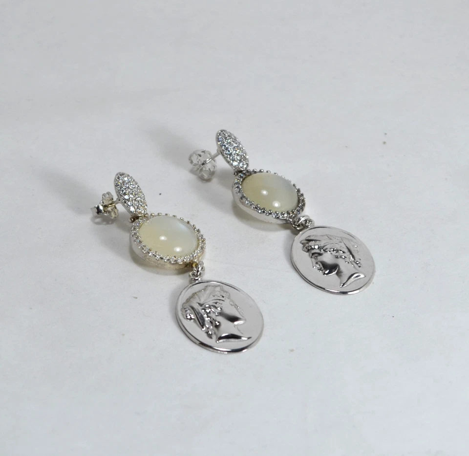 ORECCHINI IN ARGENTO 925 CABOCHON  PIETRA DI LUNA PENDENTI  ZIRCONI     AGHT 056 - Immagine 2 di 3