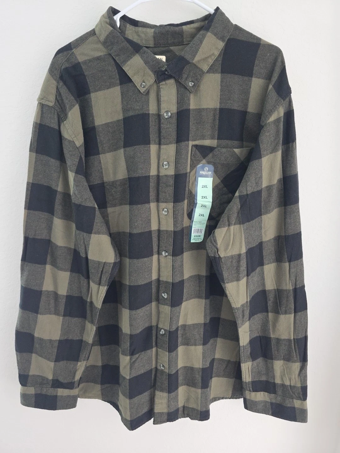 Magellan Outdoors Mens 2XL Flannel Shirt Green Black Plaid Cotton Classic Fit