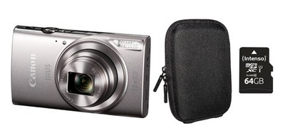 Canon Ixus 285 HS A Digitalkamera Silber inkl. Zubehörpaket: 64GB + Tasche