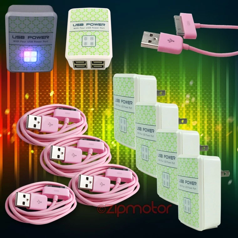 4X 4 USB-ANSCHLÜSSE WANDADAPTER + 10 FUSS KABEL NETZTEIL LADEGERÄT DATEN PINK GALAXY TAB HINWEIS