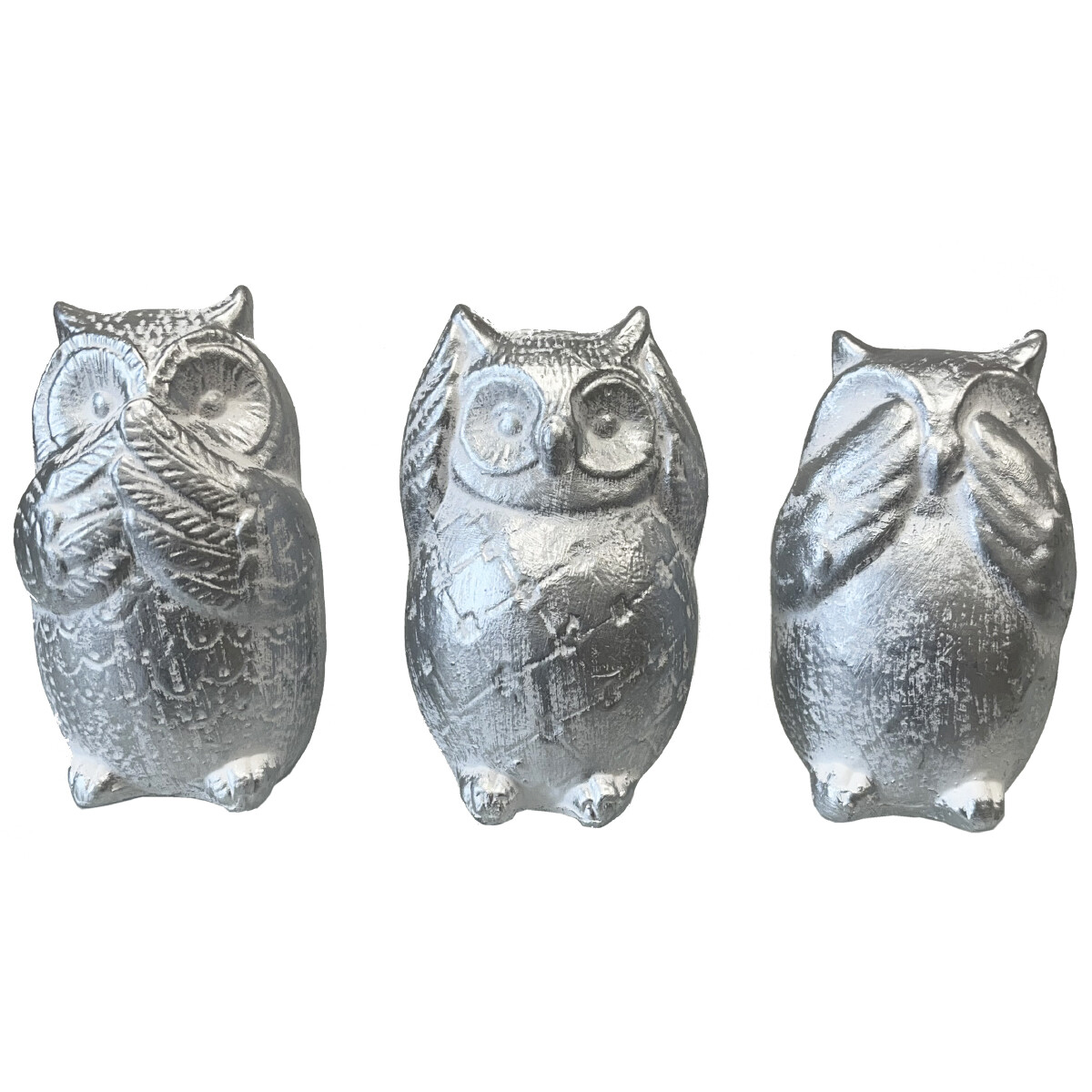 Statues en céramique trio de hiboux Blanc patiné argent finition luxe artisanale