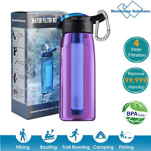4-Stage Filter Water Bottle Intergrated Straw Camping Hiking Backpacking Travel