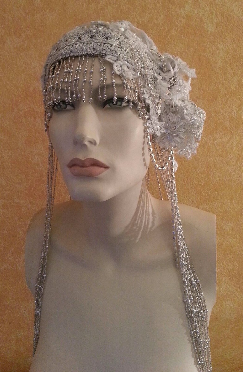 Gatsby 20\'s Silver Ivory Lace Crystal Headpiece Amazon.com: BABEYOND 1920s Flapper Headband Crystal Great  main image 3