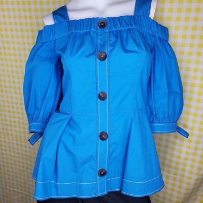 NWT Derek Lam 10 Crosby Blue 3/4 Sleeve Off the Shoulder Shirt Blouse Size 4