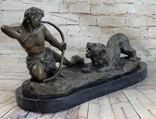 Muscular Archer Hunter vs Lion Hot Cast Bronze Statue Sculpture on Marble Base