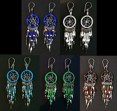 Ohrringe Traumfänger + Perlen Indianer Schmuck Peru, weiß türkis blau grün braun