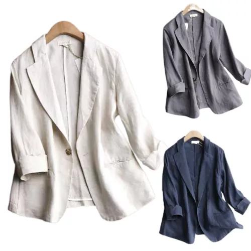 Womens Lightweight Linen Cotton Jacket Summer Leisure Blazer Coat Cardigan Soft - Foto 2 di 25