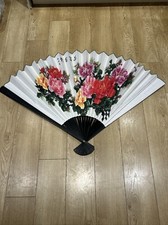 Large Chinese Hand Painted Fan Wall Hanging, Flowers And Butterfly&rsquo;s 52 Inches