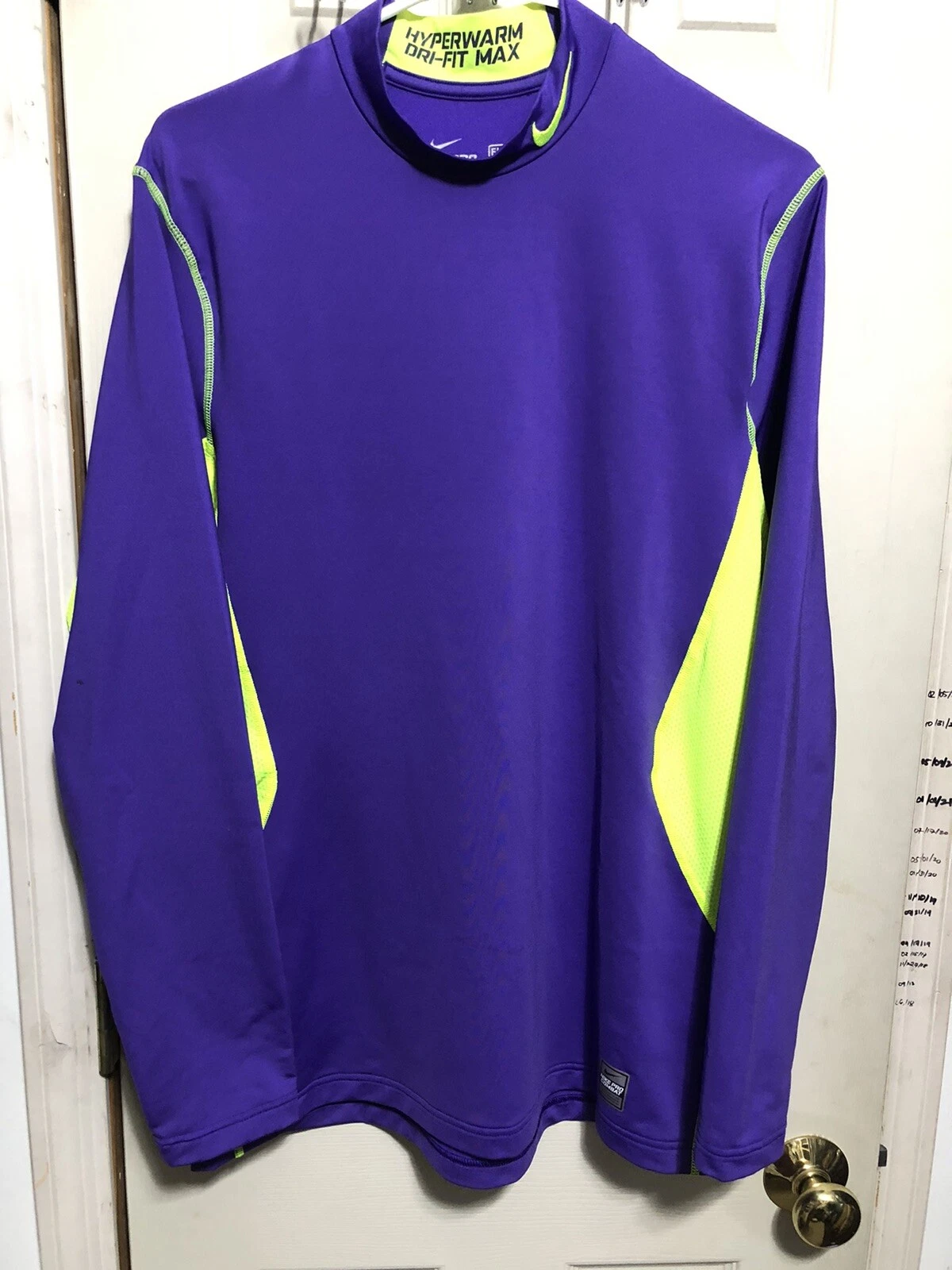 Nike Pro Combat Mens Large Shirt Hyperwarm Max Fitted Dri-Fit Purple Yellow