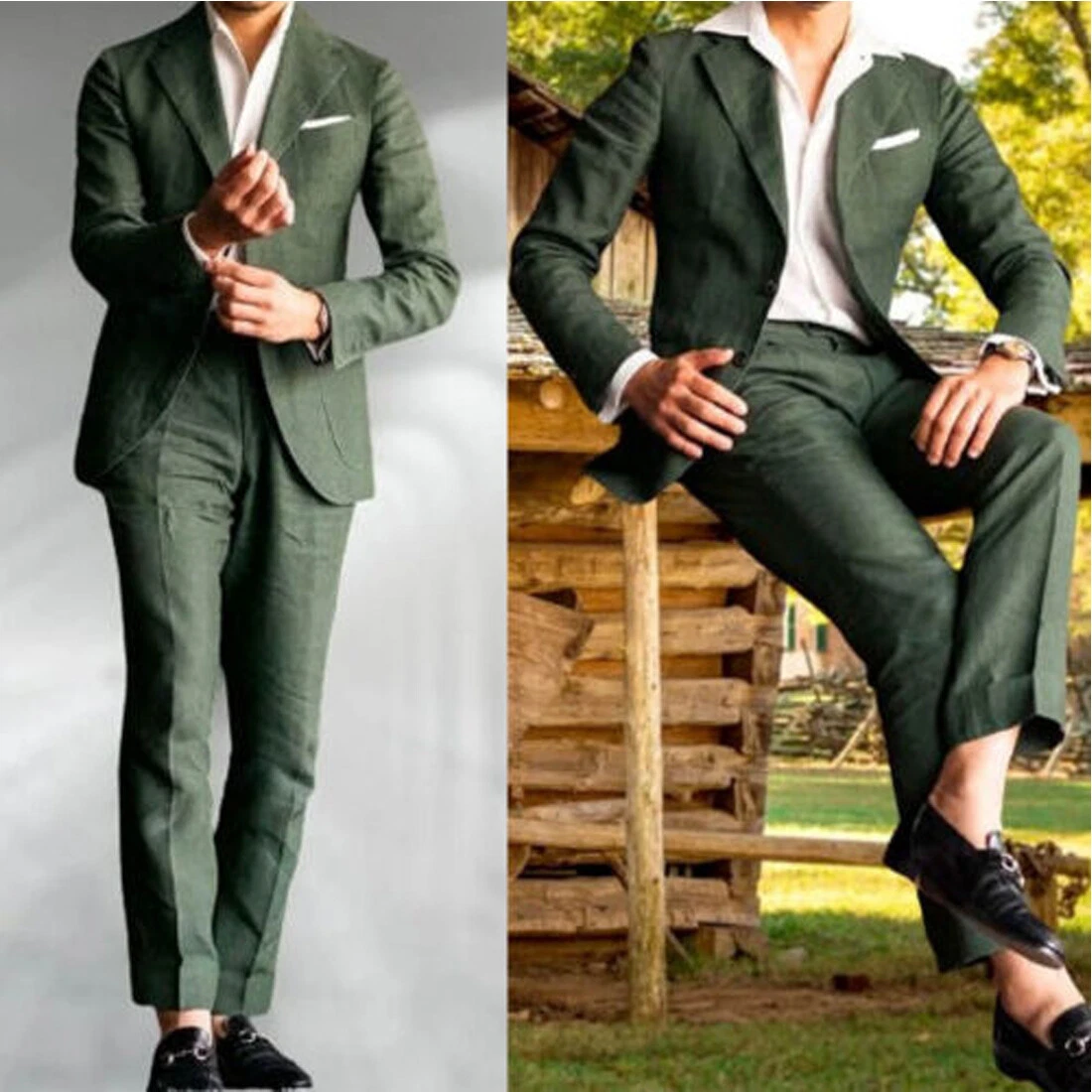 Men Linen Suit Green Casual Outfit Dinner Party Prom Groom Tuxedo