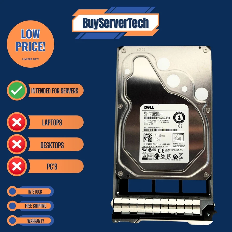 Dell 4TB 7.2K 6G 3.5" SAS HDD 12GYY 012GYY MG03SCA40 w/ Caddy - Enterprise Drive - Image 4 of 4