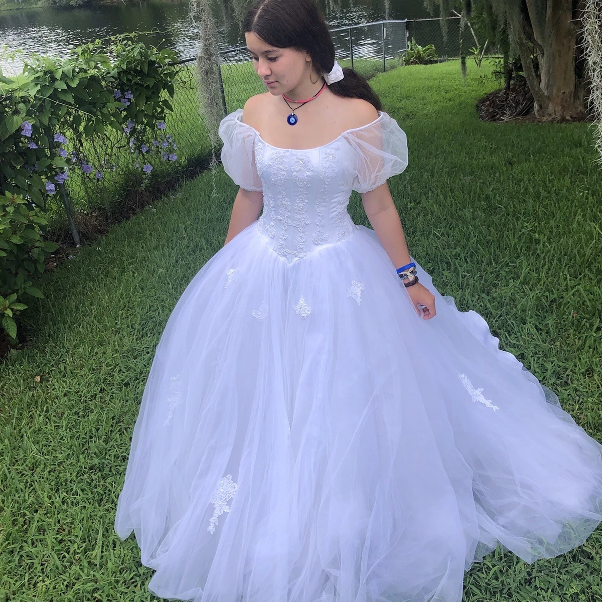 oleg cassini off-the-shoulder pearl beaded lace wedding dress Never Worn Oleg Cassini Lace Off Shoulder Long Sleeve A-Line Ivory Dress