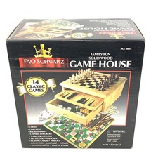 New FAO Schwarz Game House 14 Classic Games FAMILY FUN Solid Wood Storage 8701