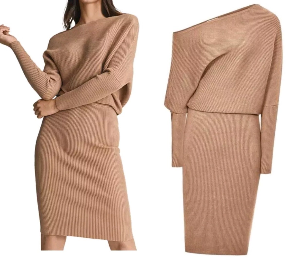 NEW Reiss Size XS Lara One Shoulder Drape Camel Tan Bodycon