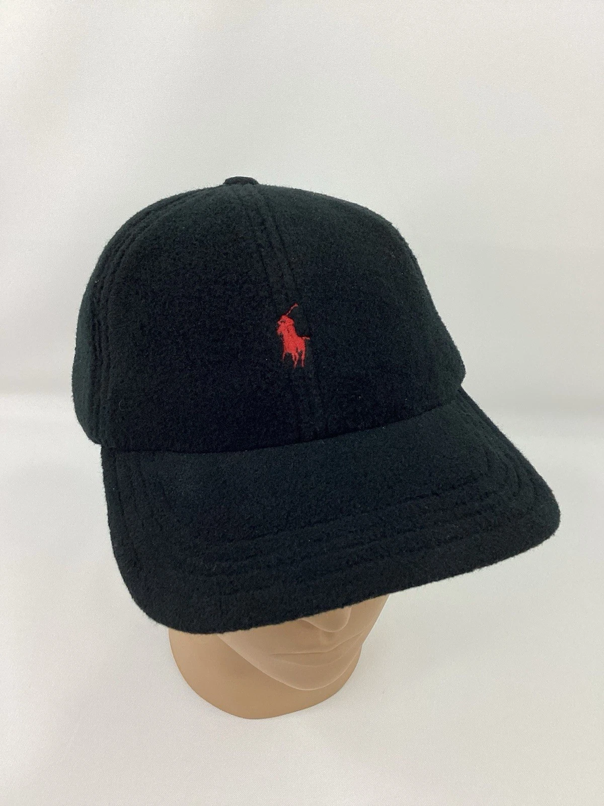 Vintage Polo Ralph Lauren Hat Cap Fleece Black with Red Logo Flex Fitted Med/Lg.