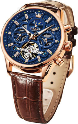 Men's Luminous Skeleton Automatic Watch - Brown & Black Leather, Waterproof