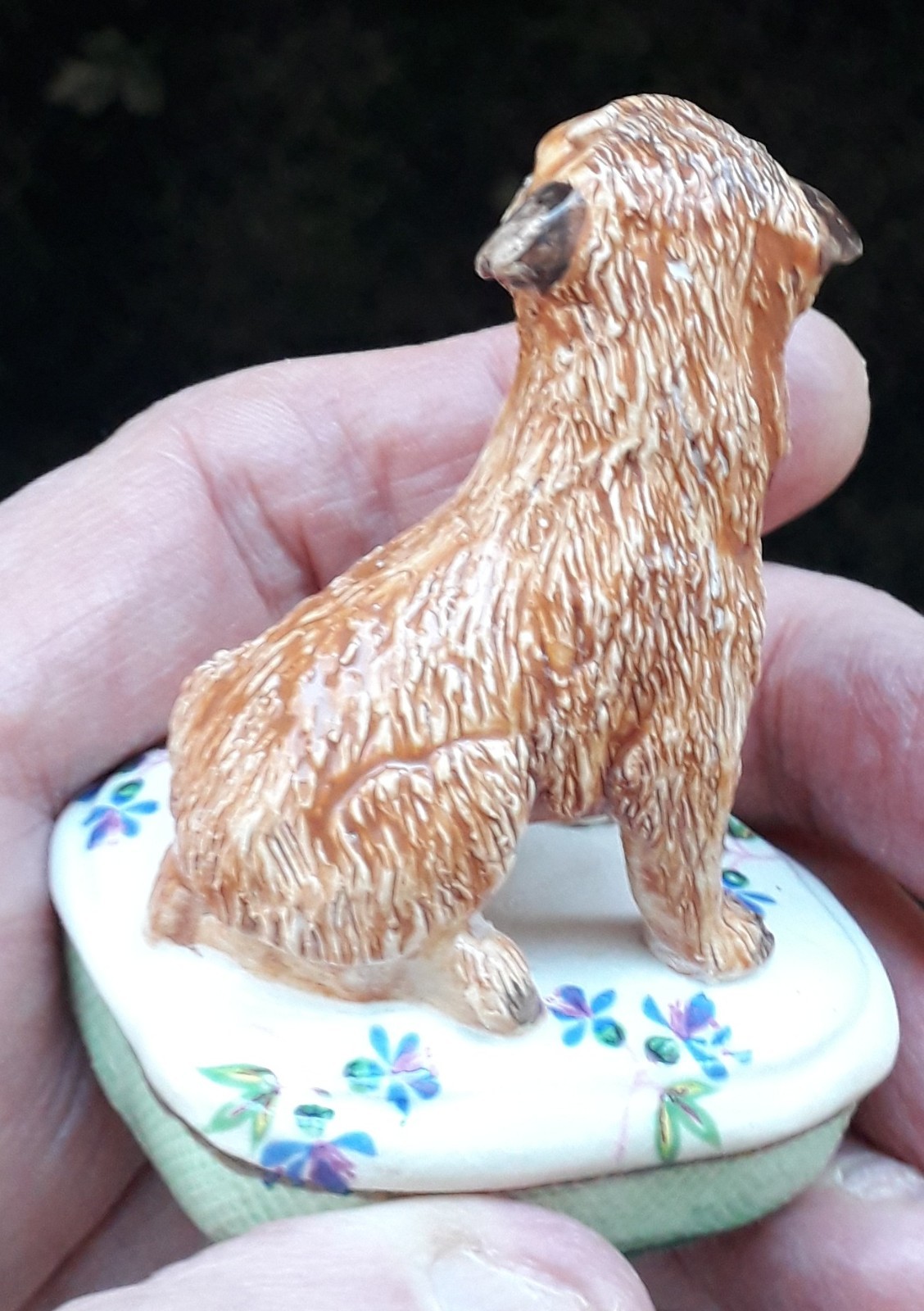 BASIL MATTHEWS POTTERY BORDER TERRIER SEATED ON A CUSHION DOG MODEL ORNAMENT