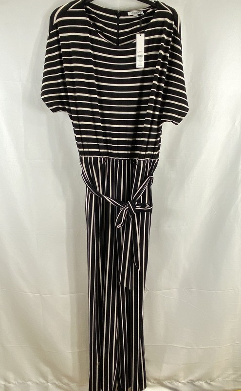 Chico's Women's Black Stripe Short Sleeve Tie Waist Jumpsuit Size 1 M NWT