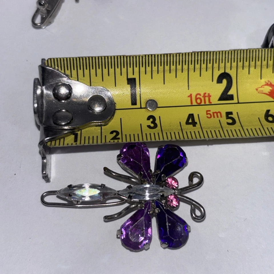2 Vintage Dragonfly Butterfly Hair Pins Purple, Pink & Clear Rhinestones 1 Inch - Image 4 of 4