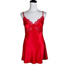 Victoria s Secret Y2K Red Satin Slip Dress Lace Trim Chemise Lingerie Size L