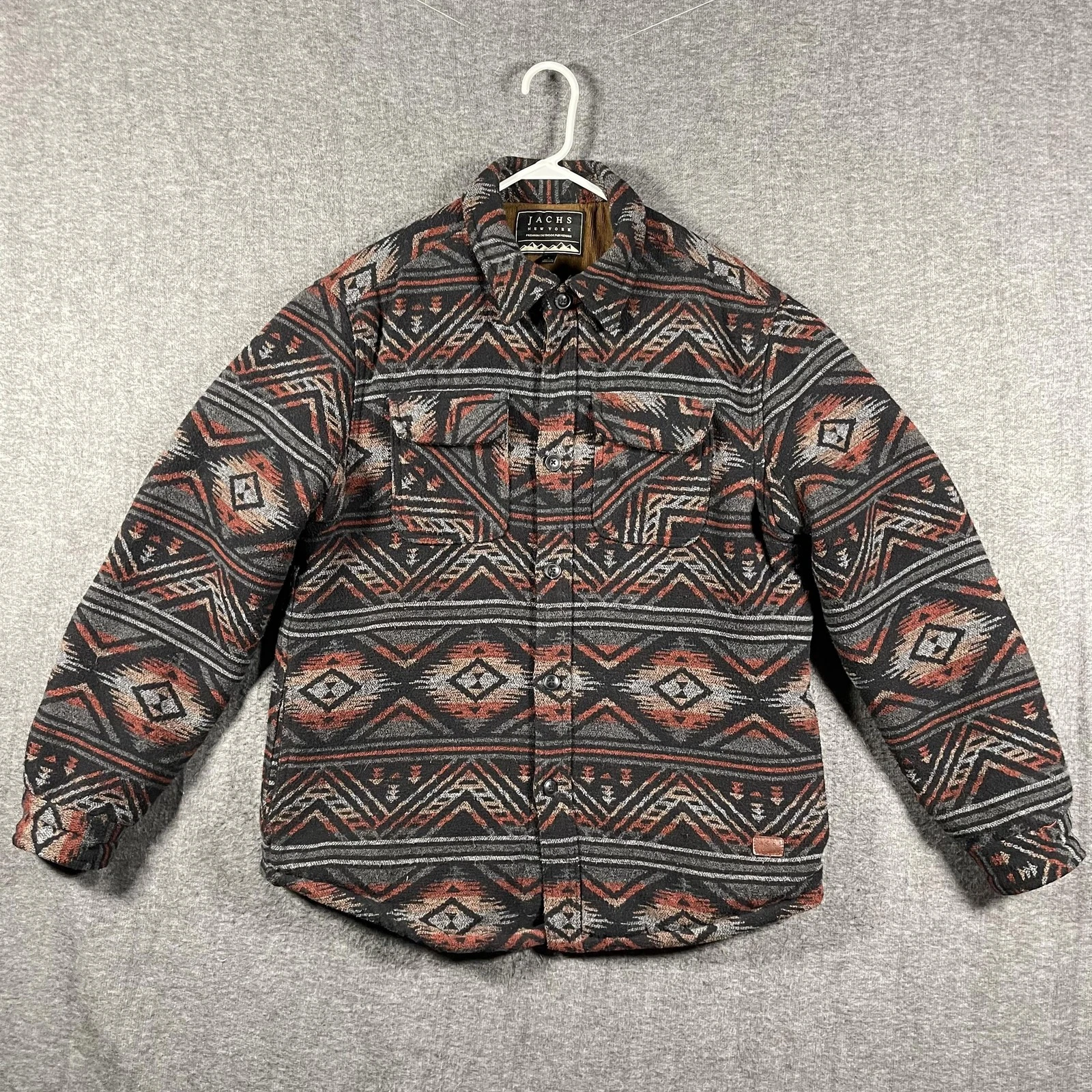JACHS Jacket Mens Large Black Sherpa Lined Fleece Button Front Aztec Pattern