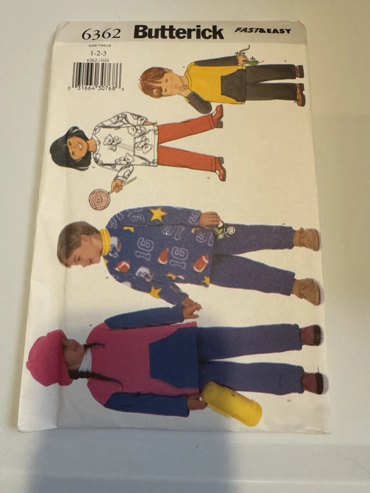 Butterick 6362 Girls Boys Pullover Top Pants Hat 1-2-3 Easy Sewing Pattern UNCUT - Image 3 of 4