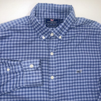 VINEYARD VINES Mens Medium Blue Gray Buffalo Check Shirt Slim Fit Whale