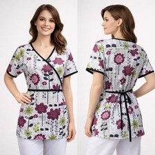 UA Scrubs Floral Print Wrap Style Scrub Top White Burgundy Green Medium