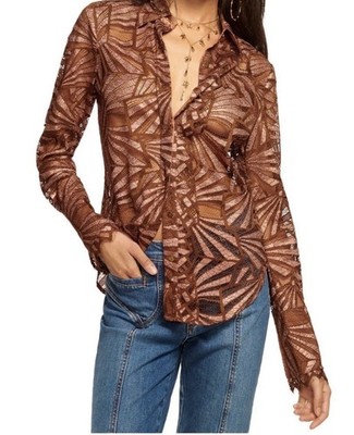 Ramy Brook Priscilla Top Bronze Lace Metallic Sheer Long Sleeve Shirt S