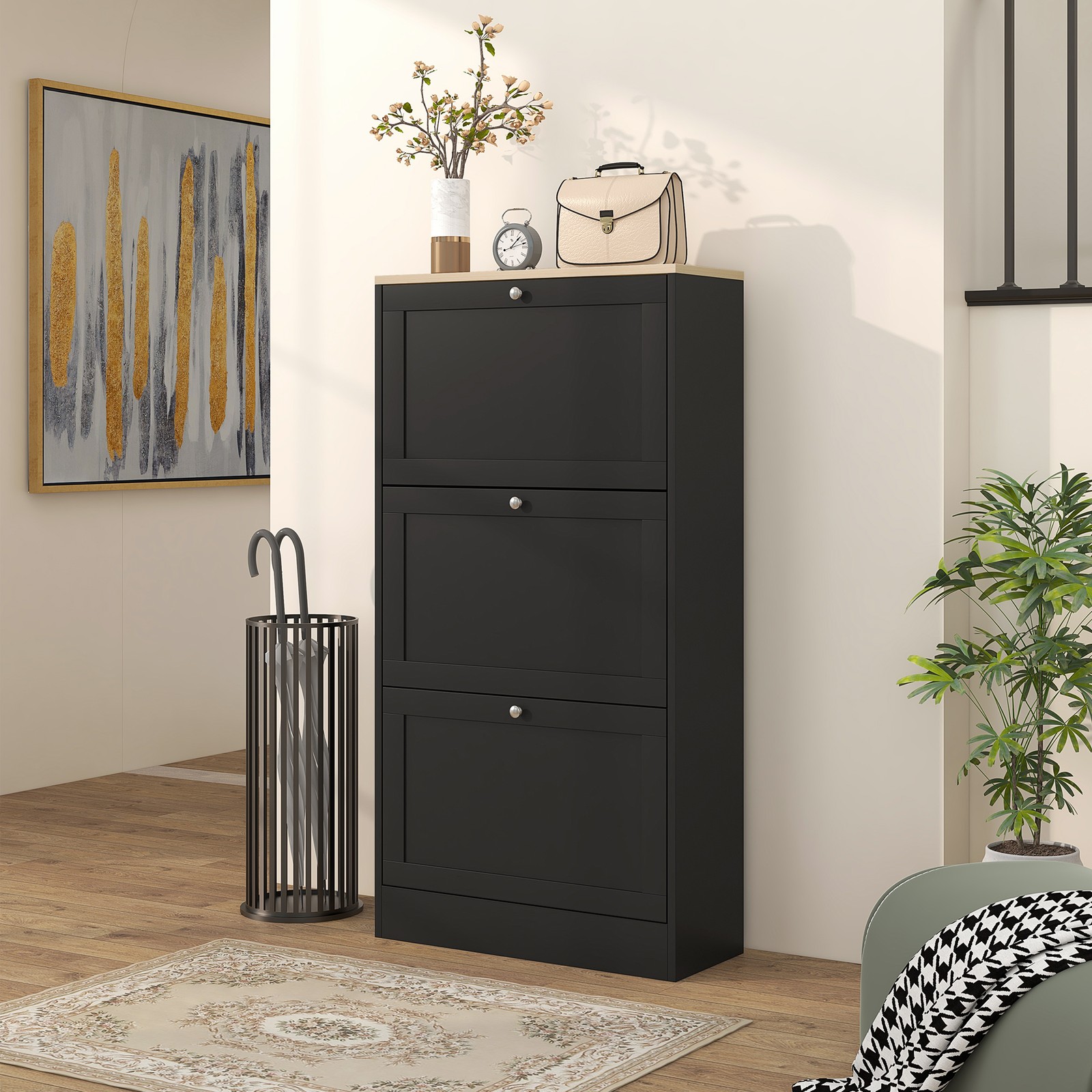 Modern Shoe Storage Cabinet with 3 Flip Drawers and Adjustable Shelves for 12-18