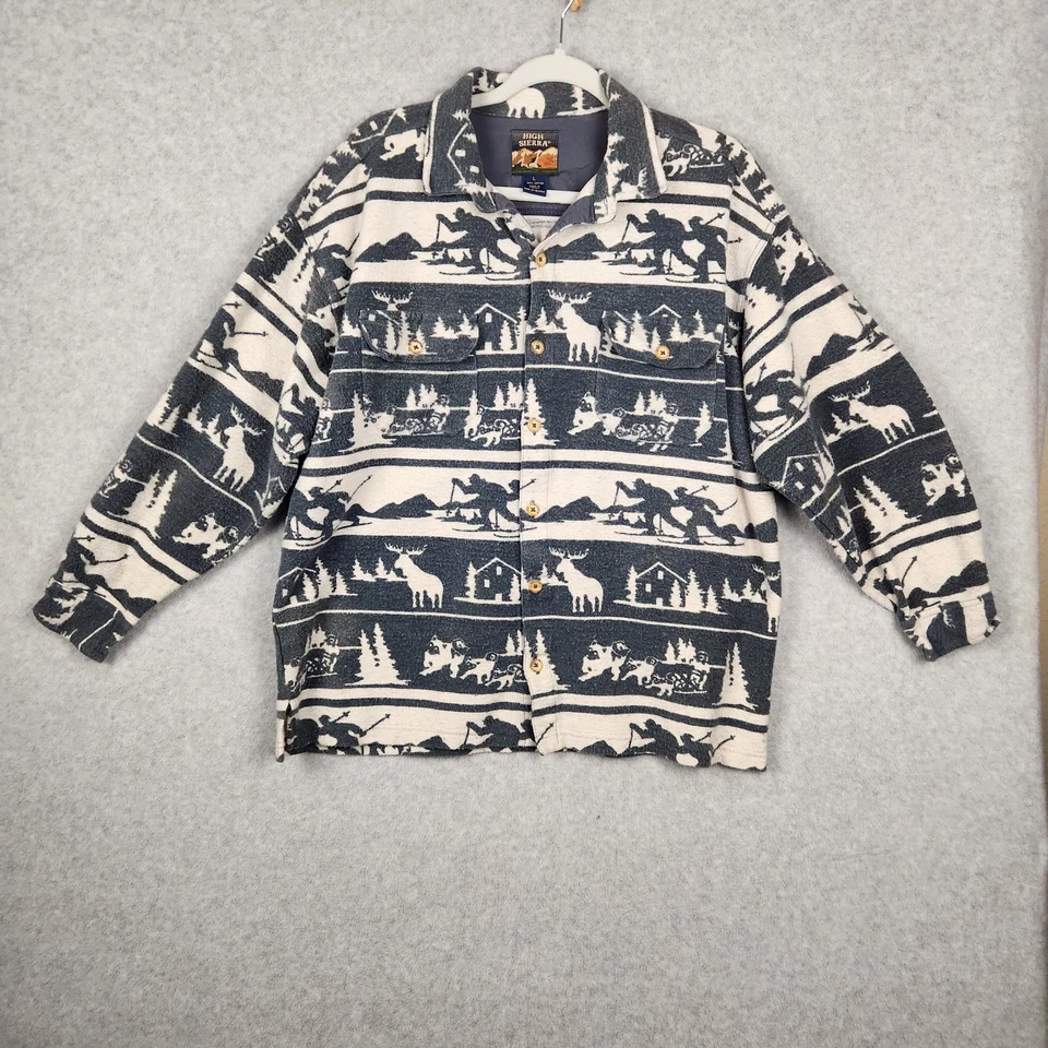 High Sierra Shirt Mens Large Blue White Moose Cabin Western Button Up Outdoors - Imagem 2 de 4