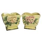 Pair Vintage McCoy Pottery Yellow Rose Vases Planters Pink Flowers Mid-Century