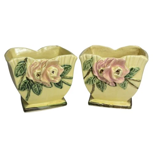 Pair Vintage McCoy Pottery Yellow Rose Vases Planters Pink Flowers Mid-Century