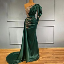 Dark Green Mermaid Overskirts Prom Dress One Shoulder Beaded Evening Gowns Party