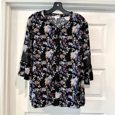 DR2 Women's Size 1X Floral Print Top Blouse 3/4 Sleeves Multicolor Boho Peasant