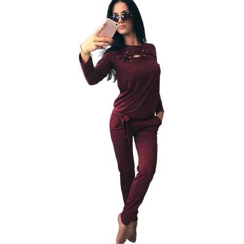 Ladies Tracksuit Set Loungewear Lace Up Sweatshirt Tops Pants Casual Comfy Suit - Picture 26 of 28