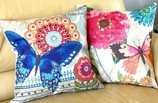 Set/2 Bohemian Garden Boho Butterflies Flowers Linen Blend Throw Pillow Covers