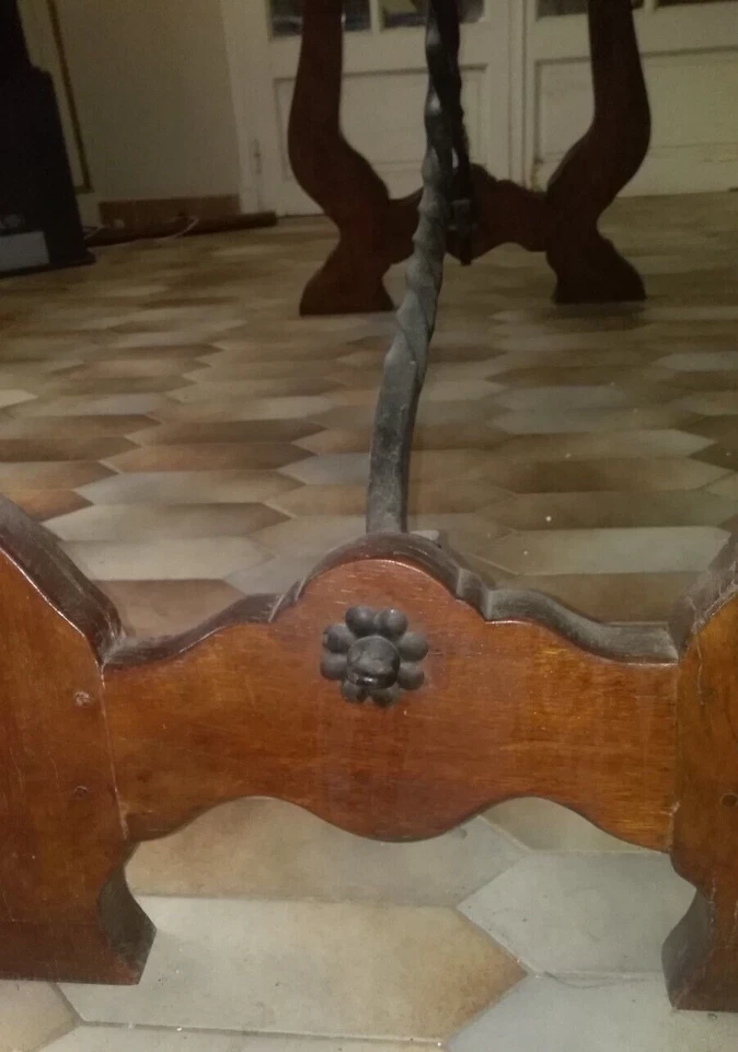 ancienne Table à la "Catalane" pieds lyre, entretoises en ferronnerie - Photo 3/4