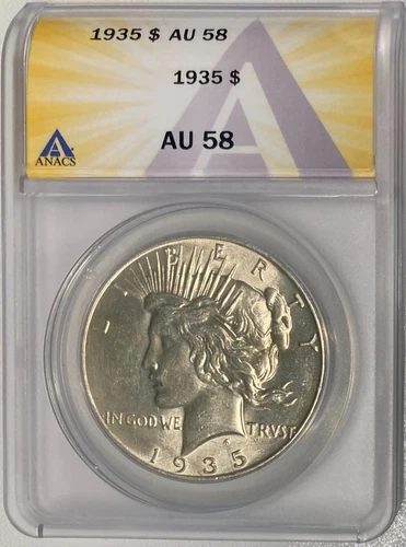 1935 Silver Peace Dollar, ANACS AU-58, Scarce Date!