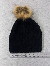 Beanie Toque Womens One Size Black Knit Polyester Faux Fur Pom