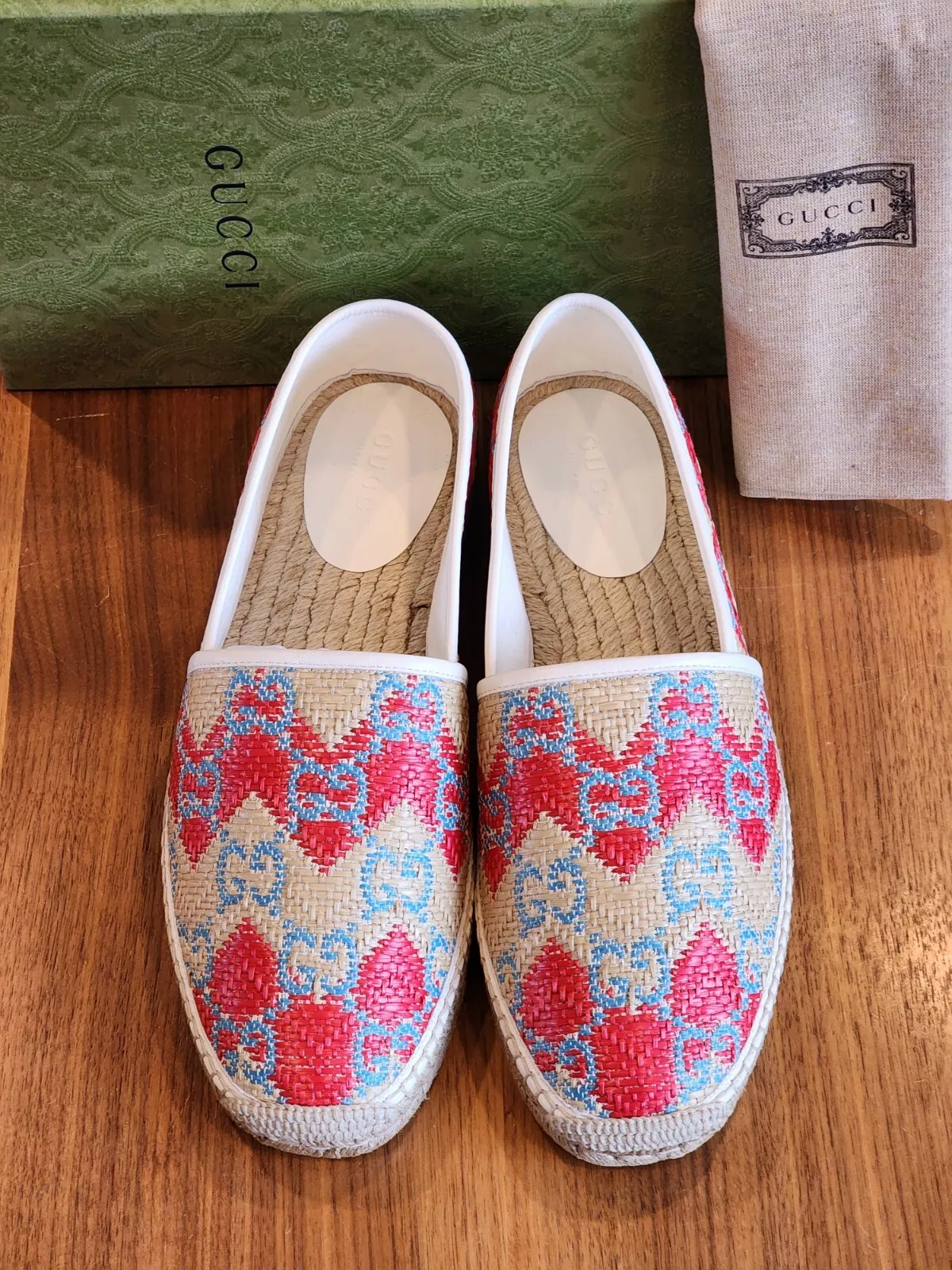 Chaussures espadrilles homme Gucci paille à chevrons GG monogramme G 10,5/US 11 NEUVES